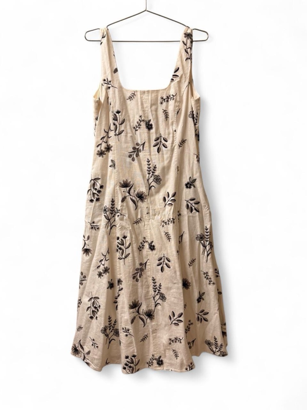 Beige Embroidered Linen Midi Dress